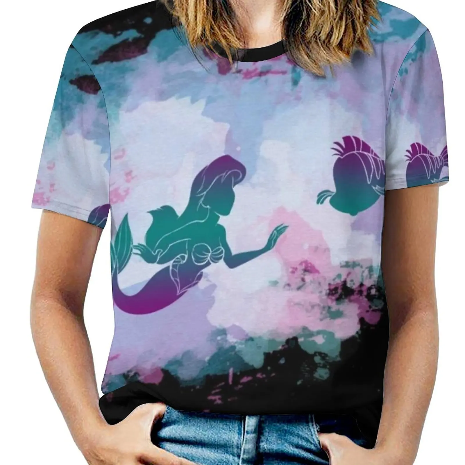 Camiseta de Best Friends para mujer, Camisetas estampadas de primavera y verano, jersey de cuello redondo, Top de la Sirenita Ariel Flounder
