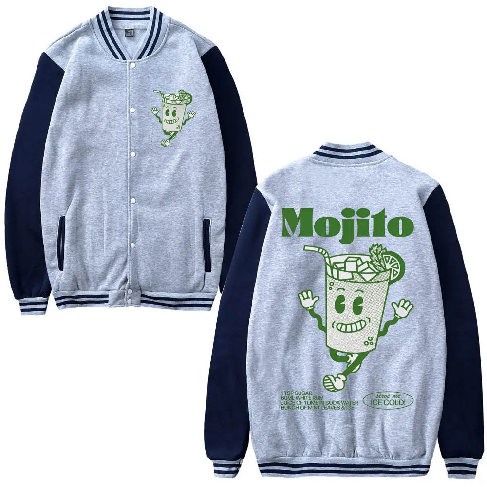 Funny Mojito Cocktail Graphic Baseball Uniform Men Women Winter Fleece Baseball Jacket Oversized Streetwear Sweatshirt Coat Male