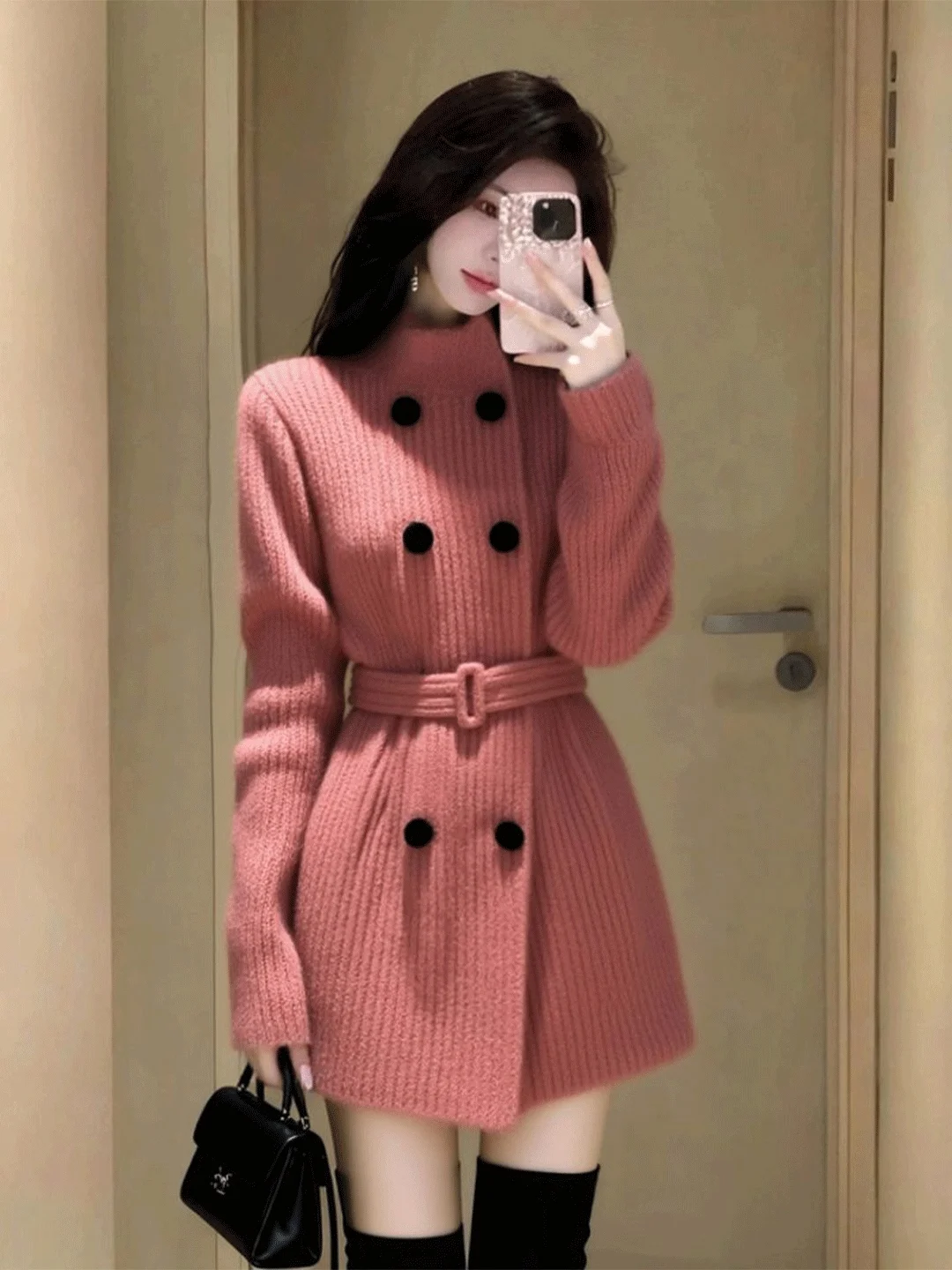

Slimming High Neck Knitted Sweater Women's Style Autumn Winter Double Button Waist Inward Coat High End Knitwear Fashionable
