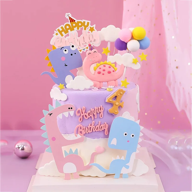 Pink Girl Birthday Cake Topper Cartoon Jurassic Dinosaur Cute Baby Shower Happy 1st Years Old Birthday Party Cake Decorations