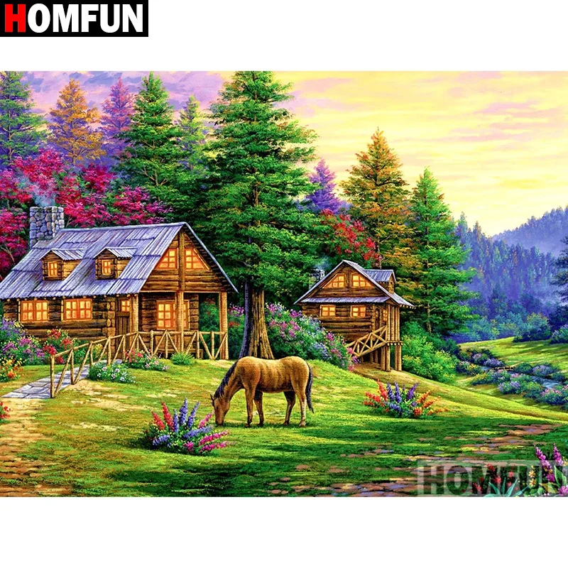 HOMFUN Diamond Painting "Scenery House Deer" DIY 5D Diamond Embroidery Sale Full Set Rhinestone Cross Stitch Home Decor