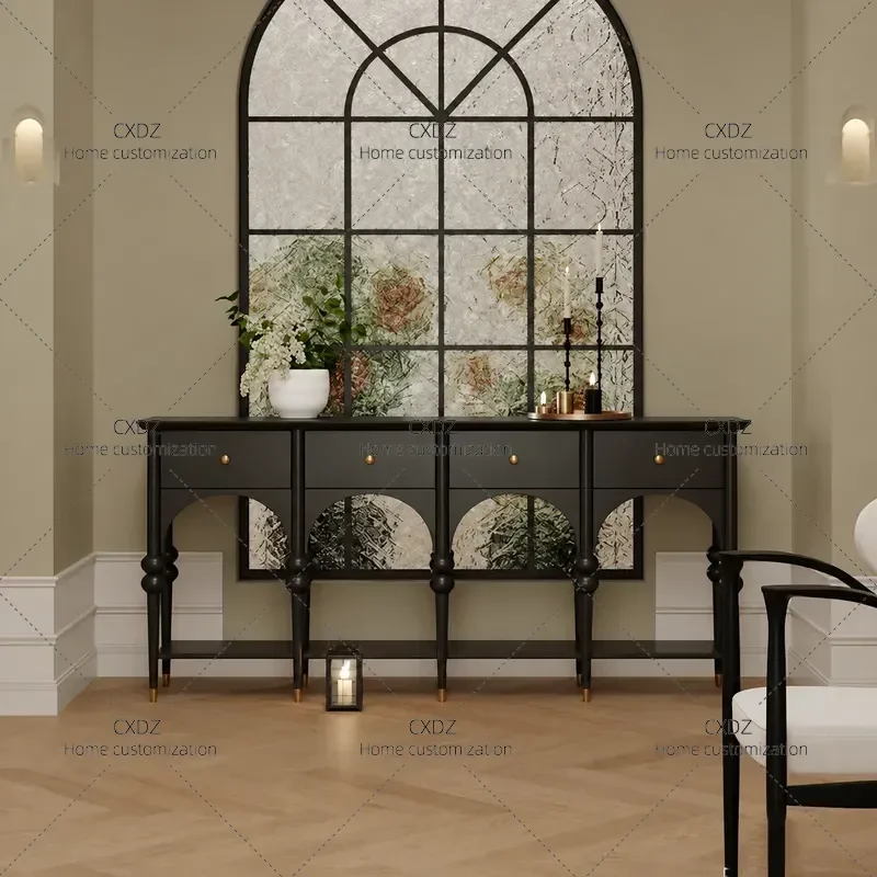 Retro Black Entrance Cabinet Modern Simple Solid Wood Sideboard Storage Decorative Console Table for Hallway Entryway