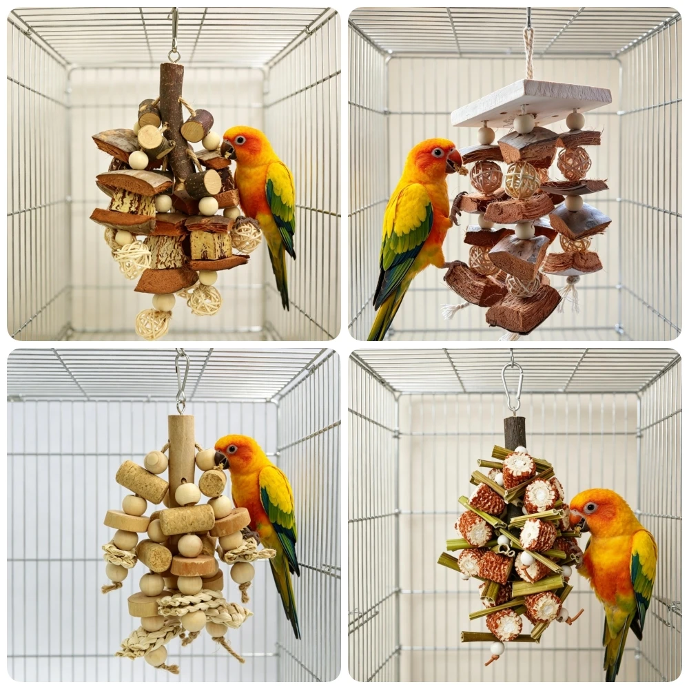 4 Styles Parrot Chew Toy Hanging Foraging Cage Toys Beak Grinding Shredding Toy Relieve Boredom for small & medium parrots