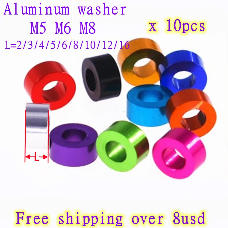 Beicai 10pcs M5 M6 M8 Colourful Aluminum Flat Washer Bushing Gasket Round Hollow No Thread Standoff Spacer Thickness 2-10mm
