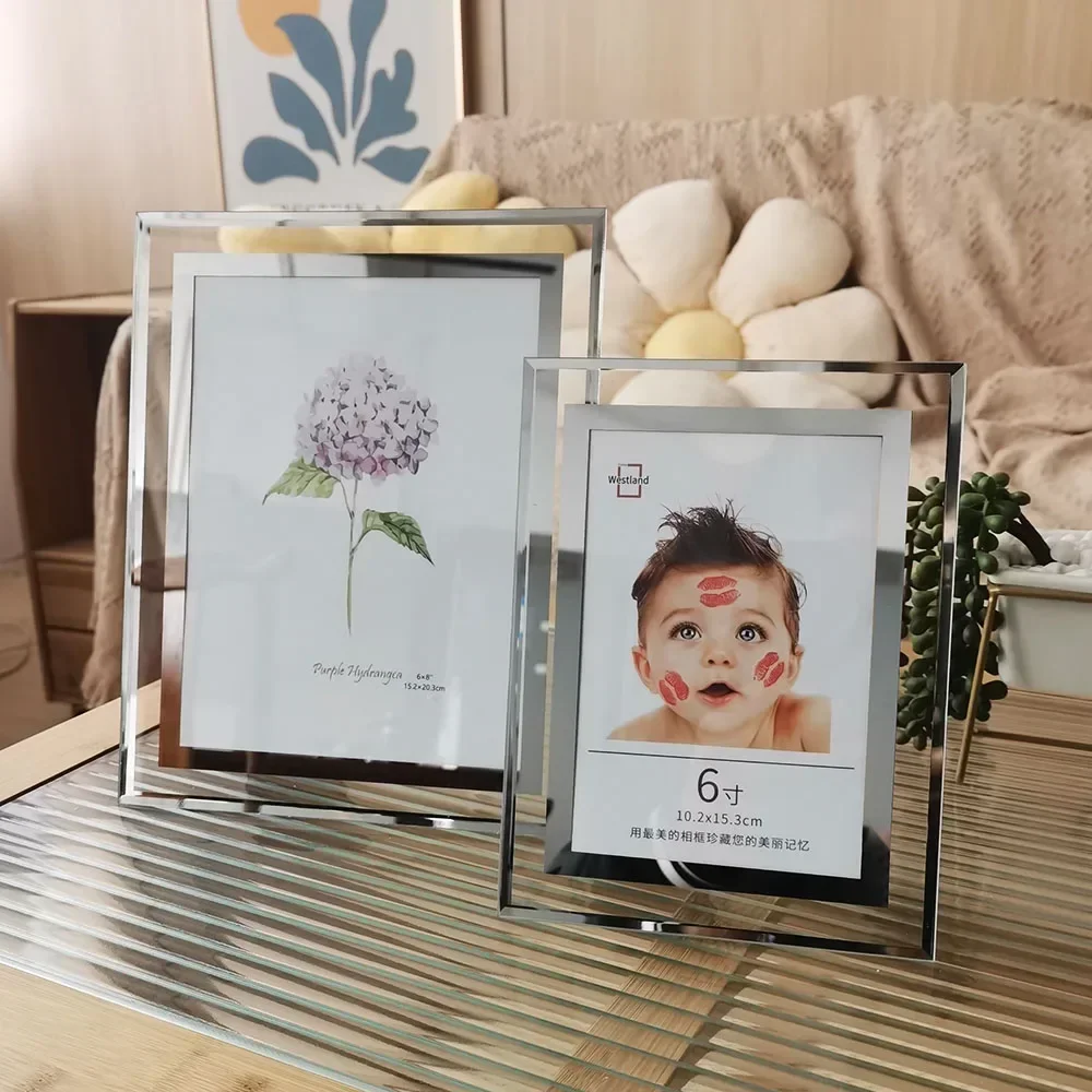 Marco de fotos de cristal acrílico personalizado, marco de fotos con espejo plateado, soporte de mesa para imágenes, decoración de fotos conmemorativa