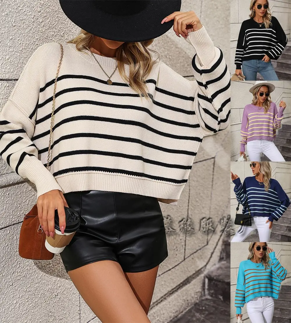 Women's Long Sleeve Crew Neck Striped Crop Sweater Ribbed Knit Pullover Jumper Tops