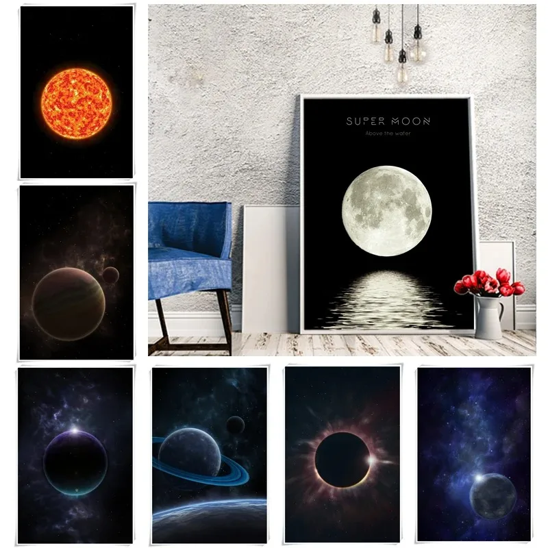 Starry Space Decoration Living Room Home Canvas Painting Art Printing Canvas Science Fiction Moon Anime Sun Eclipse Cartoon