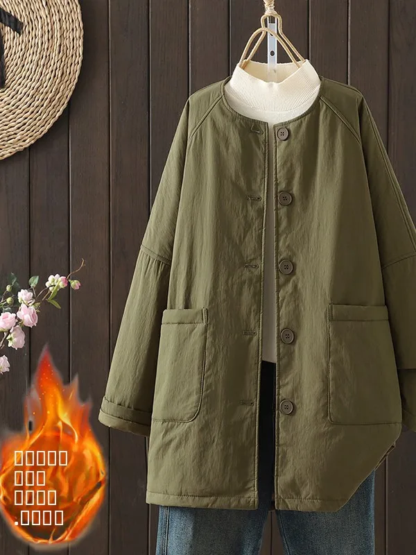 따뜻한 면 재킷 여성 플러스 사이즈 루즈 캐주얼 라운드 넥 겨울 아우터웨어 패셔너블 플러스 사이즈 여성 의류