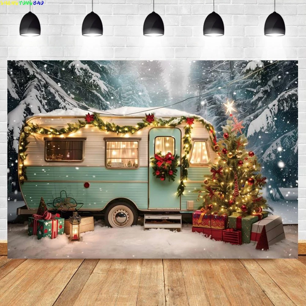 

Winter Christmas Camper Photography Background Camping Forest Snowy Bus Kid Family Portrait Christmas Tree Backdrop Photo Studio