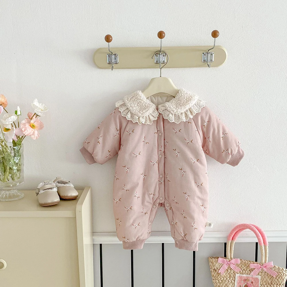 MILANCL 0-2 Y Baby Girls Clothes Fur Lining  Rompers Toddler Jumpsuits Thicken Lining  Outfit