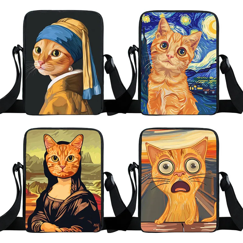 Creative Orange Cat Print Crossbody Bag Famous Oil Painting Women Handbag Vintage Van Gogh Portable Storage Bags Phone Holder