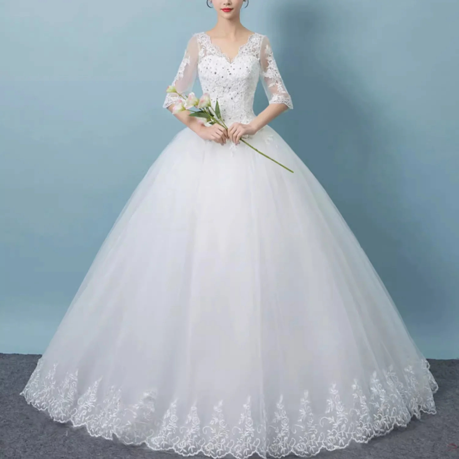 MDYS-A58#2026 Wedding Dress New Bridal V-neck Mid Sleeve Large Size Customizable Ball Gown Embroidered sequins Cheap Wholesale
