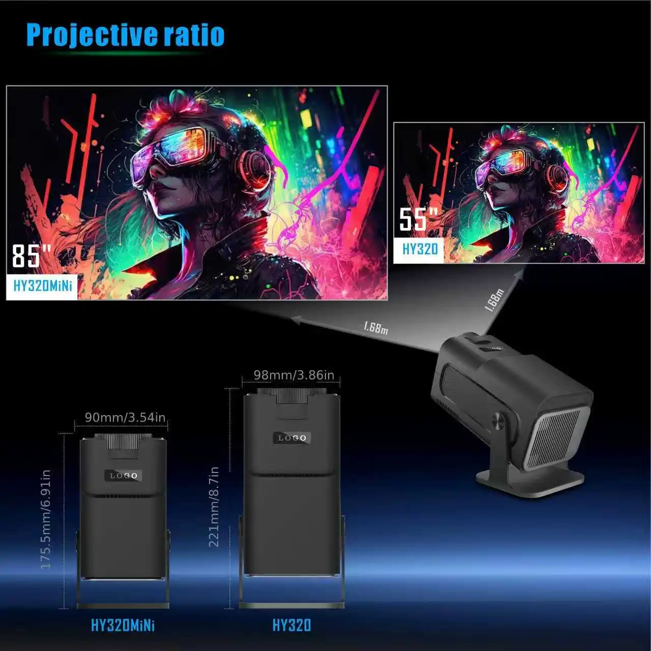 NOUVEAU projecteur HY320mini portable, design en forme de losange, Android 11, 4K HD, WiFi, mise en miroir sans fil de l'écran, home cinéma