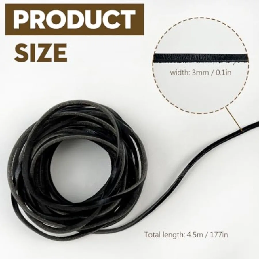 3mm Flat Genuine Leather Cord Black Braiding String for Jewelry Making, Crafts and DIY Projects 4.5m