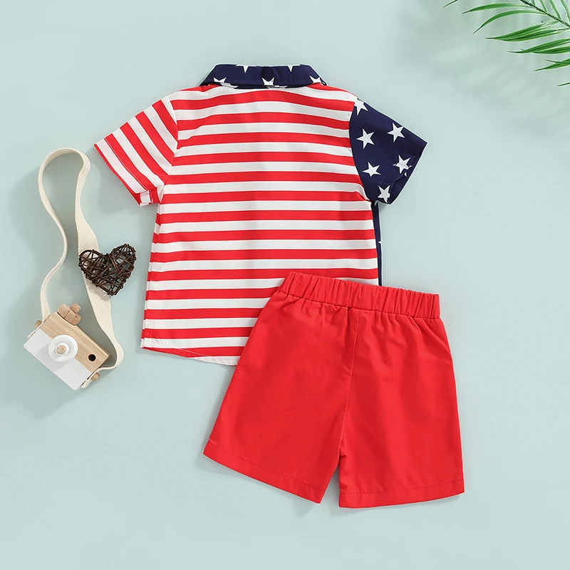 

Toddler Boys 4th of July Outfit Short Sleeve American Flag Print Shirt with Elastic Waist Shorts Set for Independence Day