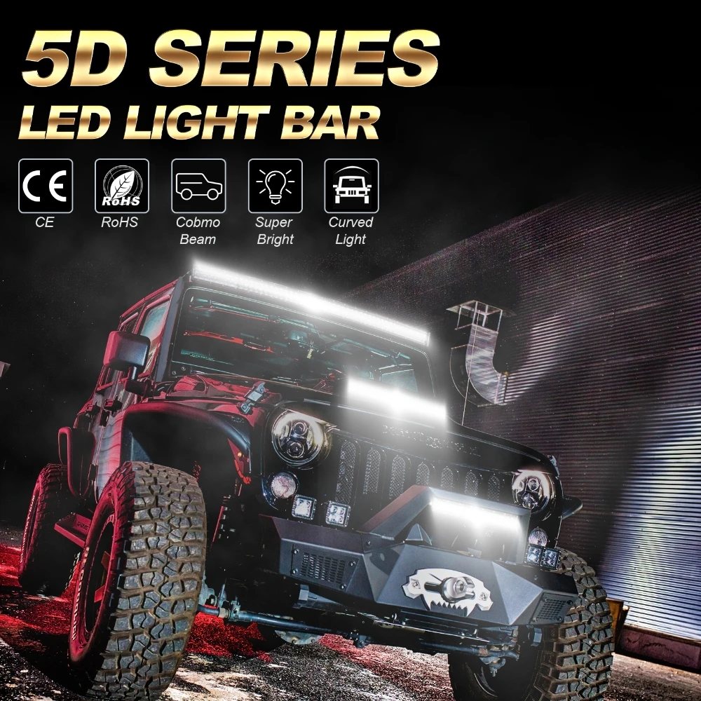 AUXBEAM 22inc-52 بوصة سلسلة 5D LED شريط إضاءة مستقيم/منحني مع سلك تسخير 9-32 فولت شعاع كومبو صف مزدوج 6500K أبيض بارد