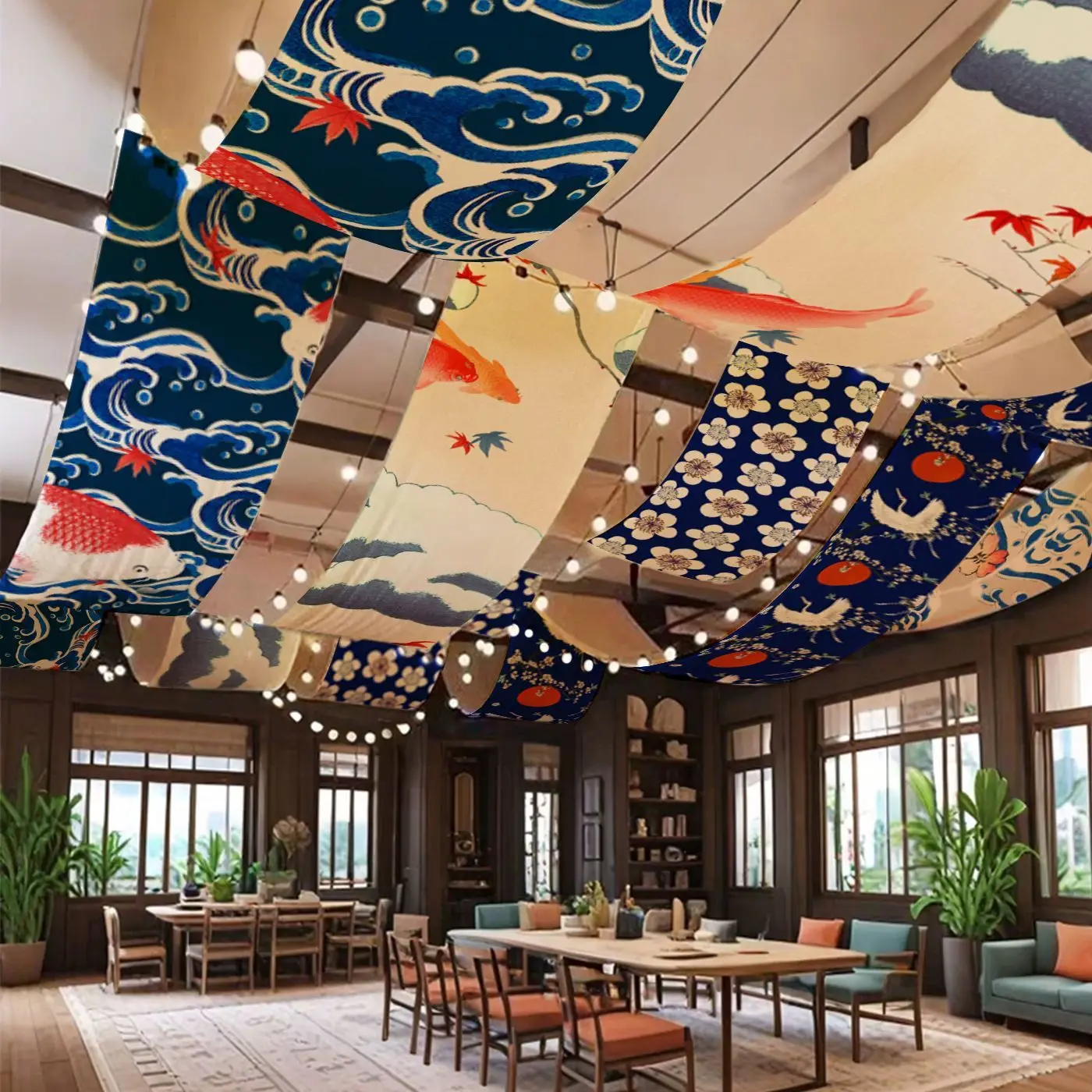 Japanese Style Ceiling Drapes with Koi Fish Wave & Cherry Blossom Prints Hanging Fabric Decor for Izakaya, Restaurant, Home
