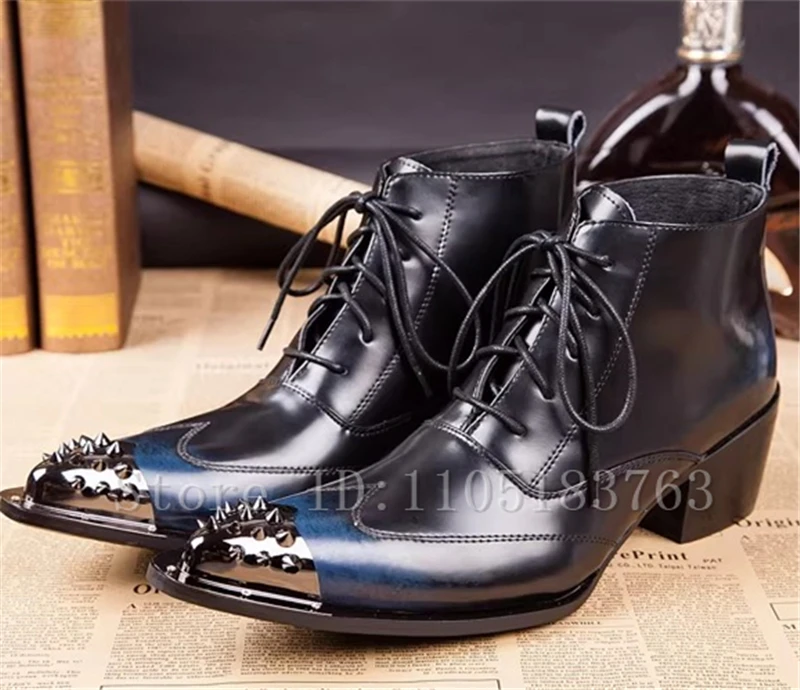 

Fashion Men's Pointed Toe Spiked Ankle Boots High Heel Genuine Leather Western Boots for Nightclub & Wedding