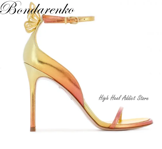 Sandali in pelle metallizzata con decorazioni a farfalla tacchi a spillo da donna ali di lusso punta aperta Blacck tacchi alti scarpe da sposa per