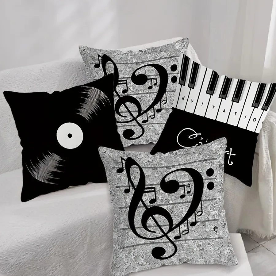 

4pc Music themed pillowcase with piano, notes and CD designSuitable for sofa car bedroom decorative cushion cover pillow cover