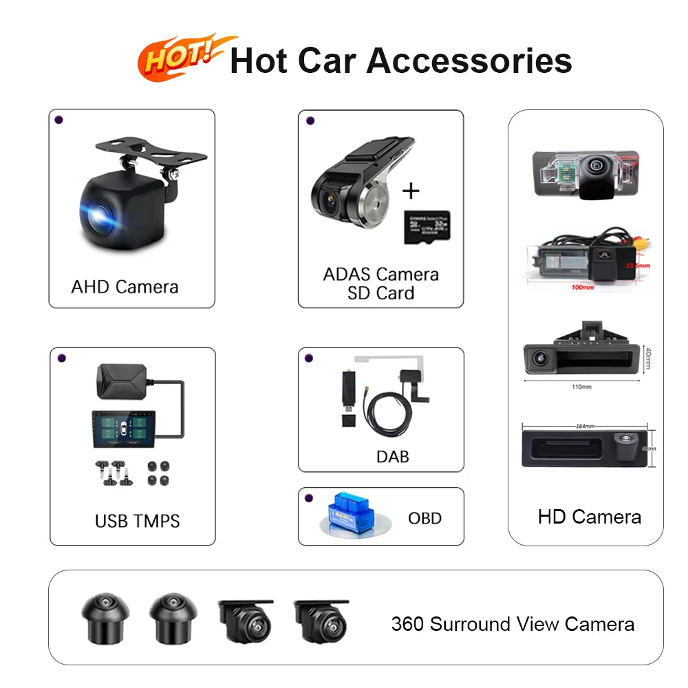 

Android Car Radio Accessories Auto Tools AHD HD 360 Camera OBD DAB ADAS DVR SD Card