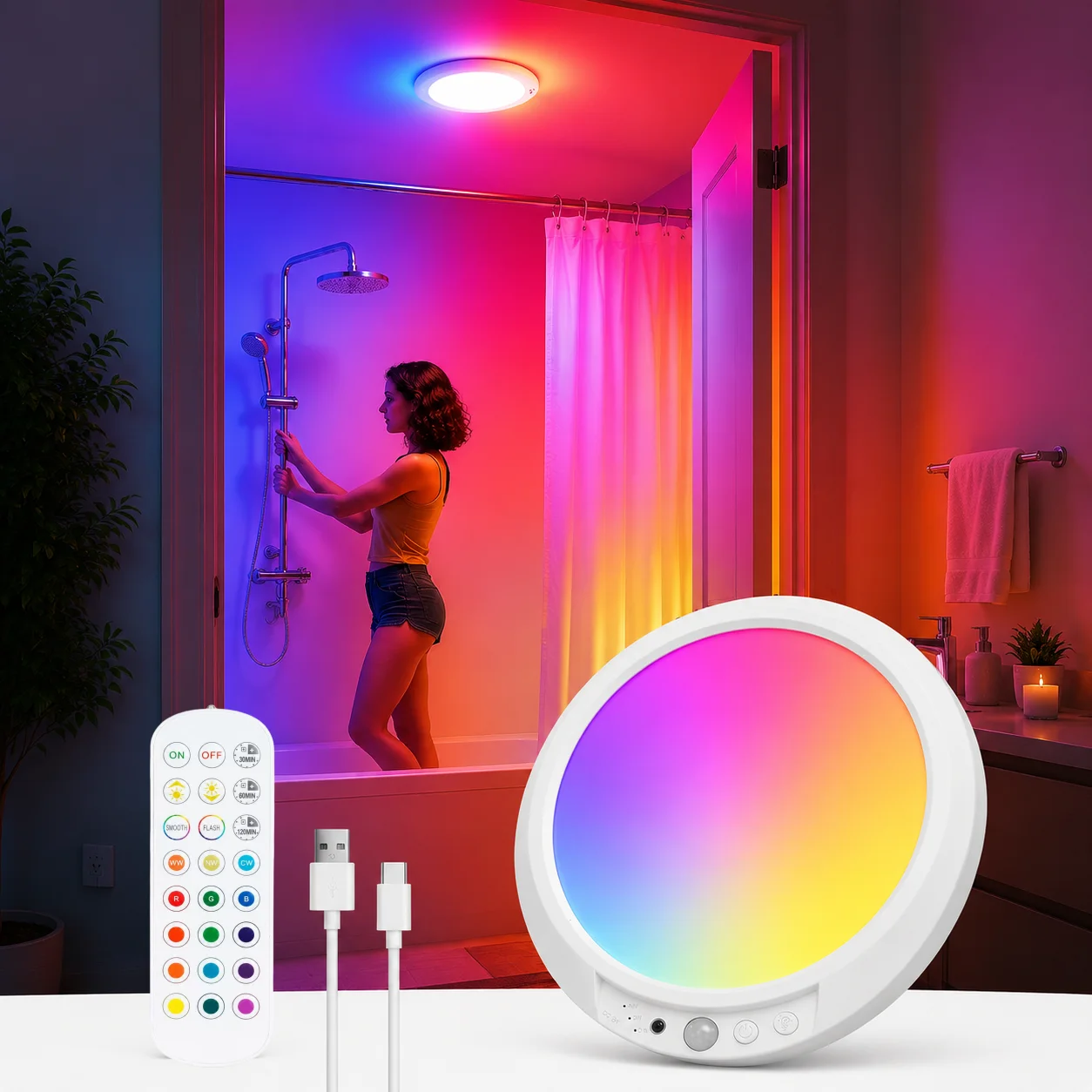 RGB Motion Sensor Ceiling Light 16 Colors USB Type-C Rechargeable Magnetic Lamp Wireless Wall Lamp Remote LED Night Light