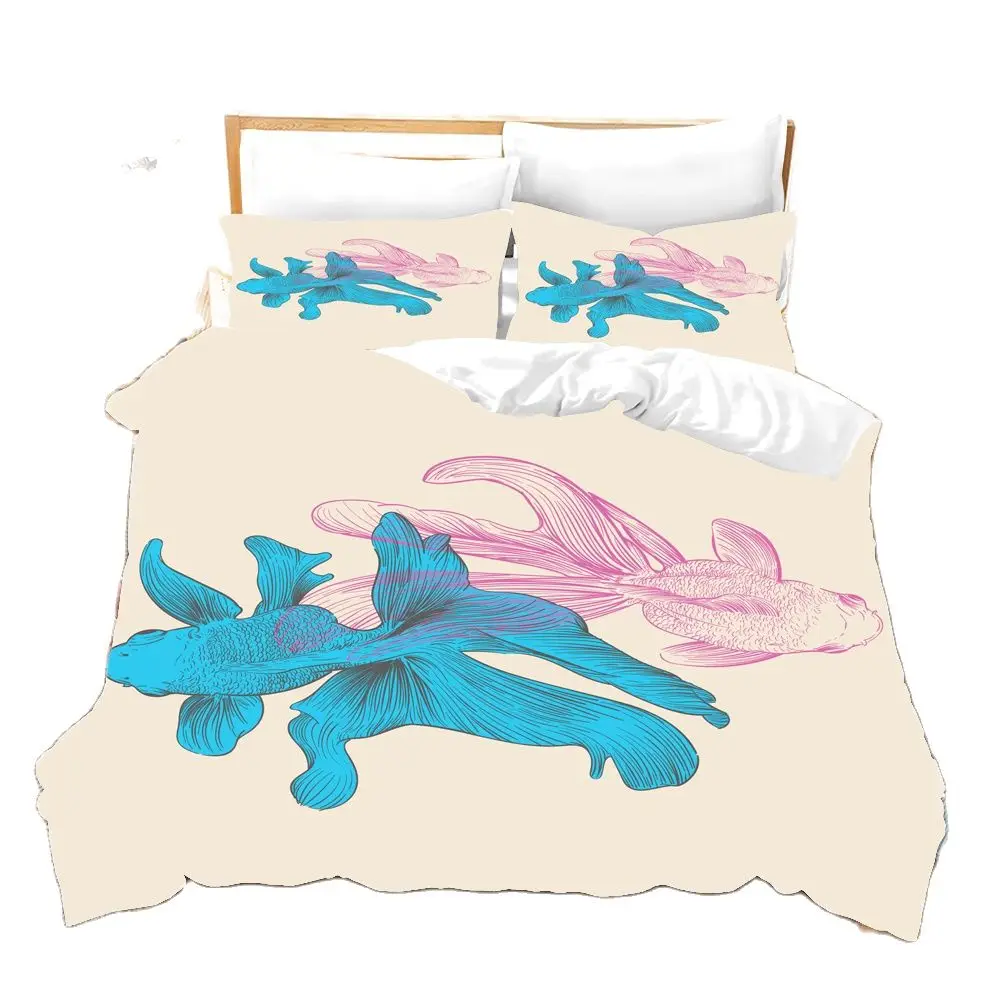 3D Printed Cartoon Fish Photo Chinoiserie Bedding Set Down Quilt Cover With Pillowcase Double Complete  King