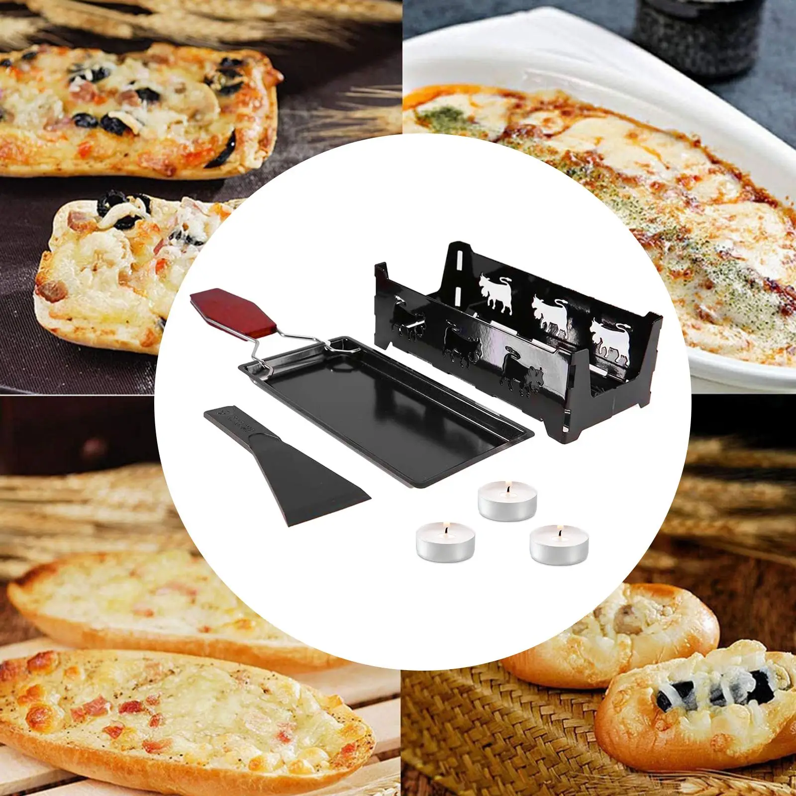 Nonstick Cheese Raclette Set with Foldable Handle Candlelight Cheese Melter for Kitchen Camping Home BBQ Grilling