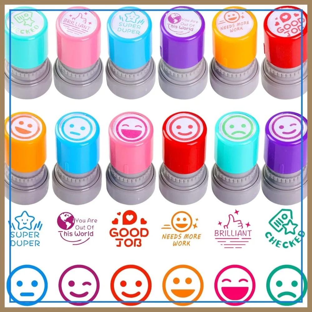 

12 Colorful Self-Inking Teacher Stamps for Grading Homework, Mood Expressions & Encouraging Comments