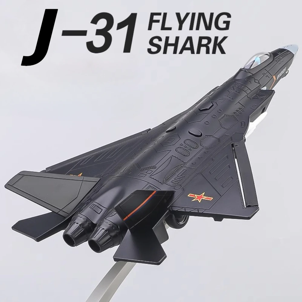 1:68 J-31 Stealth Fighter Model Toy Car Light Music Military Aircraft Alloy Diecast Pull Back Plane Models Desktop Ornament Gift