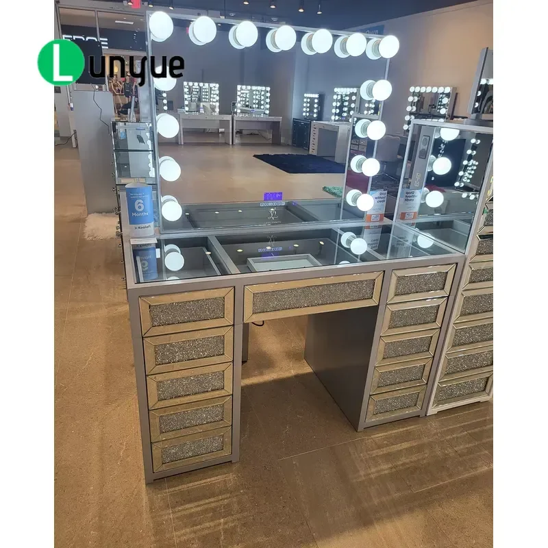 Modern Lighted Makeup Station Corner Bedroom Dresser Glass Top Vanity Dressing Mirror Table