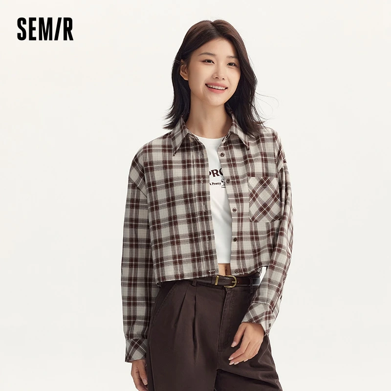 Semir Long Sleeve Shirt Women Short Loose Waist-drawing 2024 New Autumn Retro Plaid Shirt