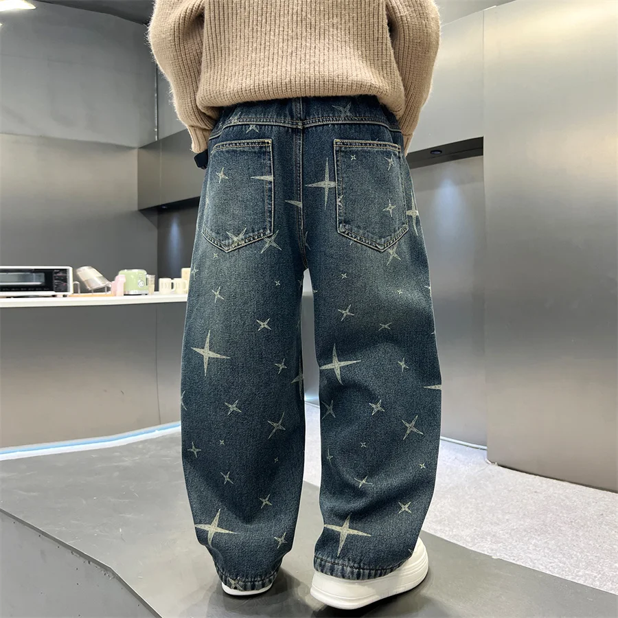 جديد أنيق الاطفال الصبي فضفاض مستقيم الجينز الحراري لفصل الشتاء الدافئة الدنيم السراويل مع نجوم الأطفال سميكة معزول الجينز السراويل