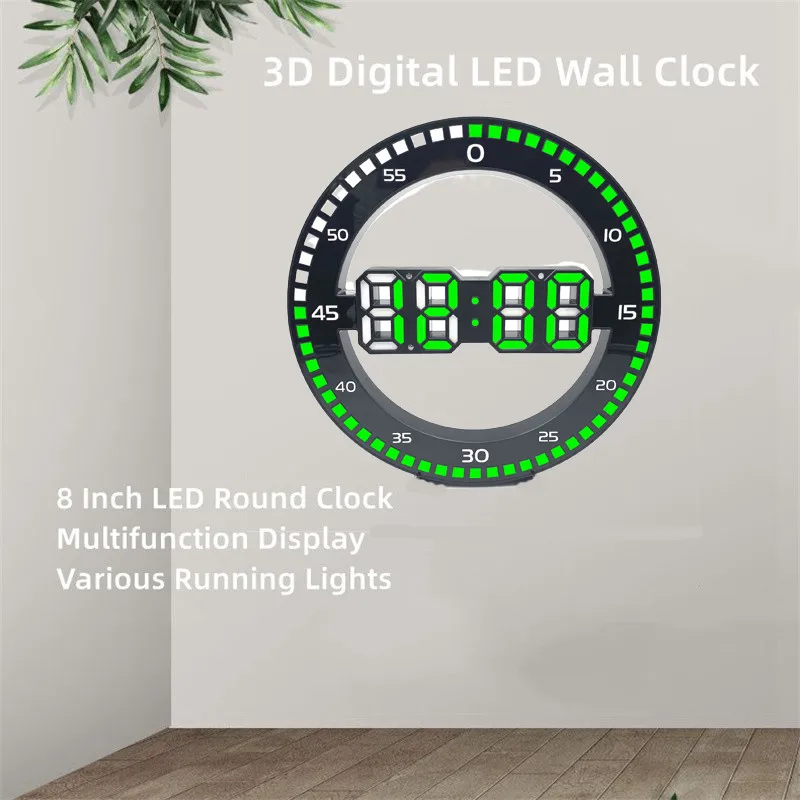 Chuhan 8 Polegada 3d led tecnologia luminosa digital eletrônico mudo relógio de parede temperatura data multi função salto segundo relógio