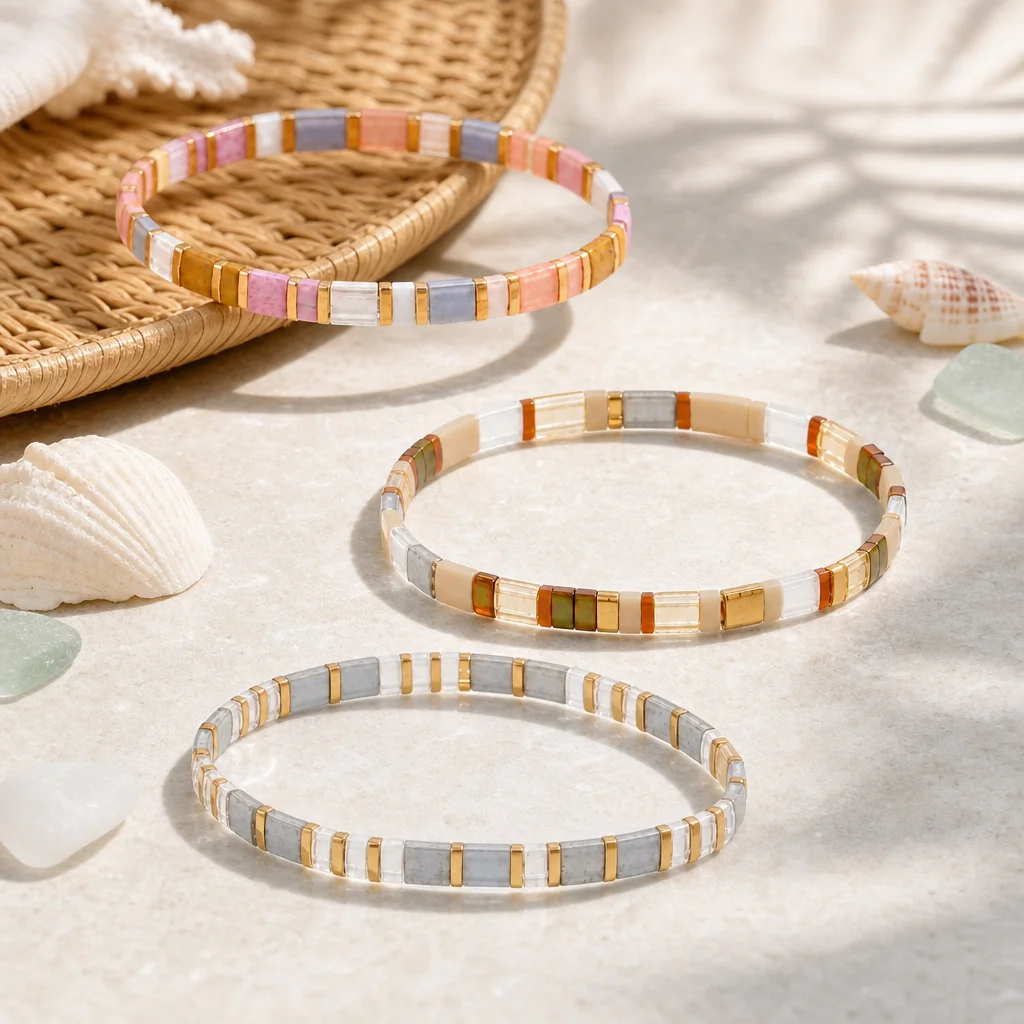 3pcs Colorful Geometric Stone Beaded Bracelet Stackable Tile Bead Stretch Bracelet for Women Summer Beach Style
