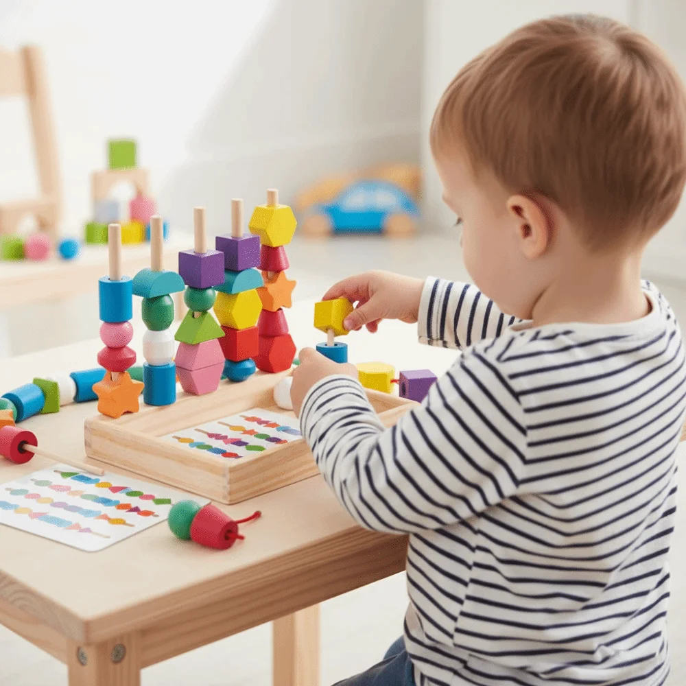 Giocattoli cognitivi a forma di colore geometrico Pile interattivo Montessori Blocchi Gioco di puzzle Perline di allacciatura fai da te Perline di legno Sequencing