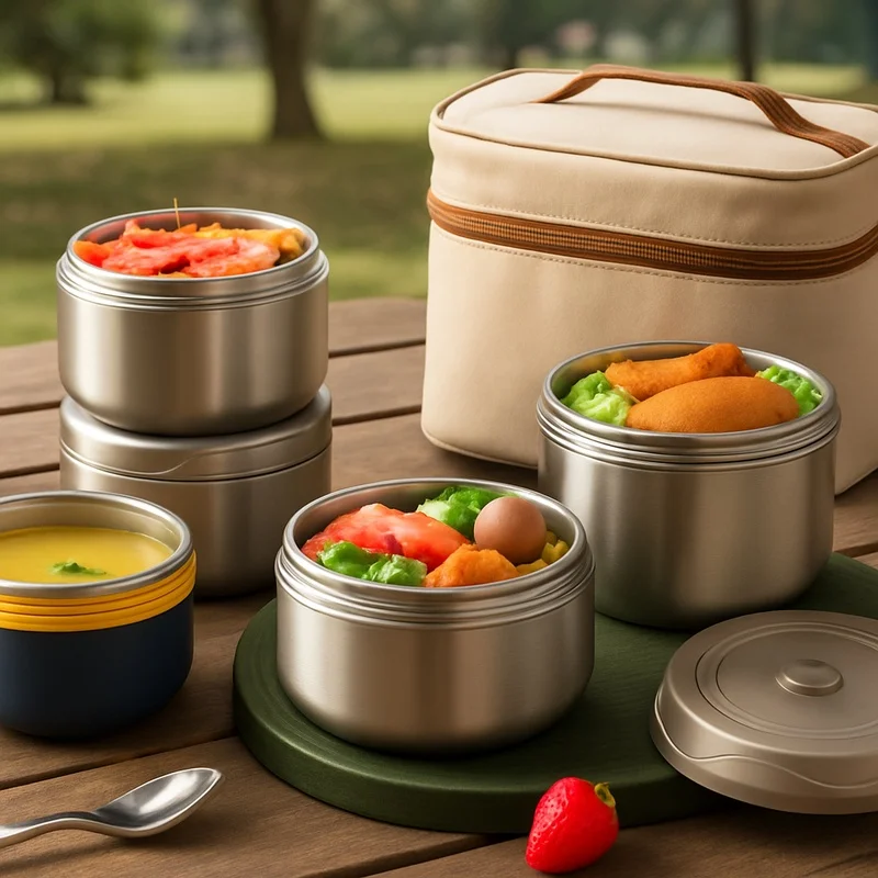 304 Stainless Steel Insulated Lunch Box with Double Compartments and Carry Bag, Portable Food Storage for Work and Study