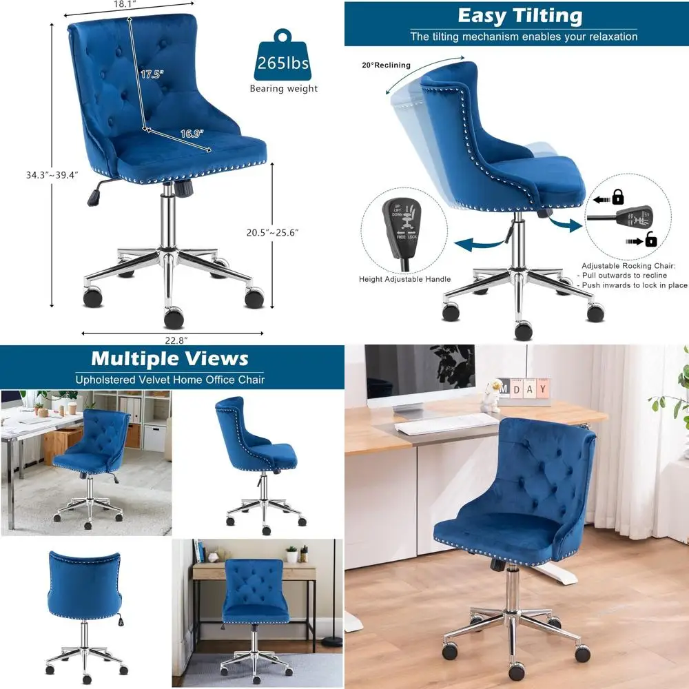 

Вращающееся офисное кресло без подлокотников из темно-синего бархата с золотым основанием для дома, офиса и туалетного столика