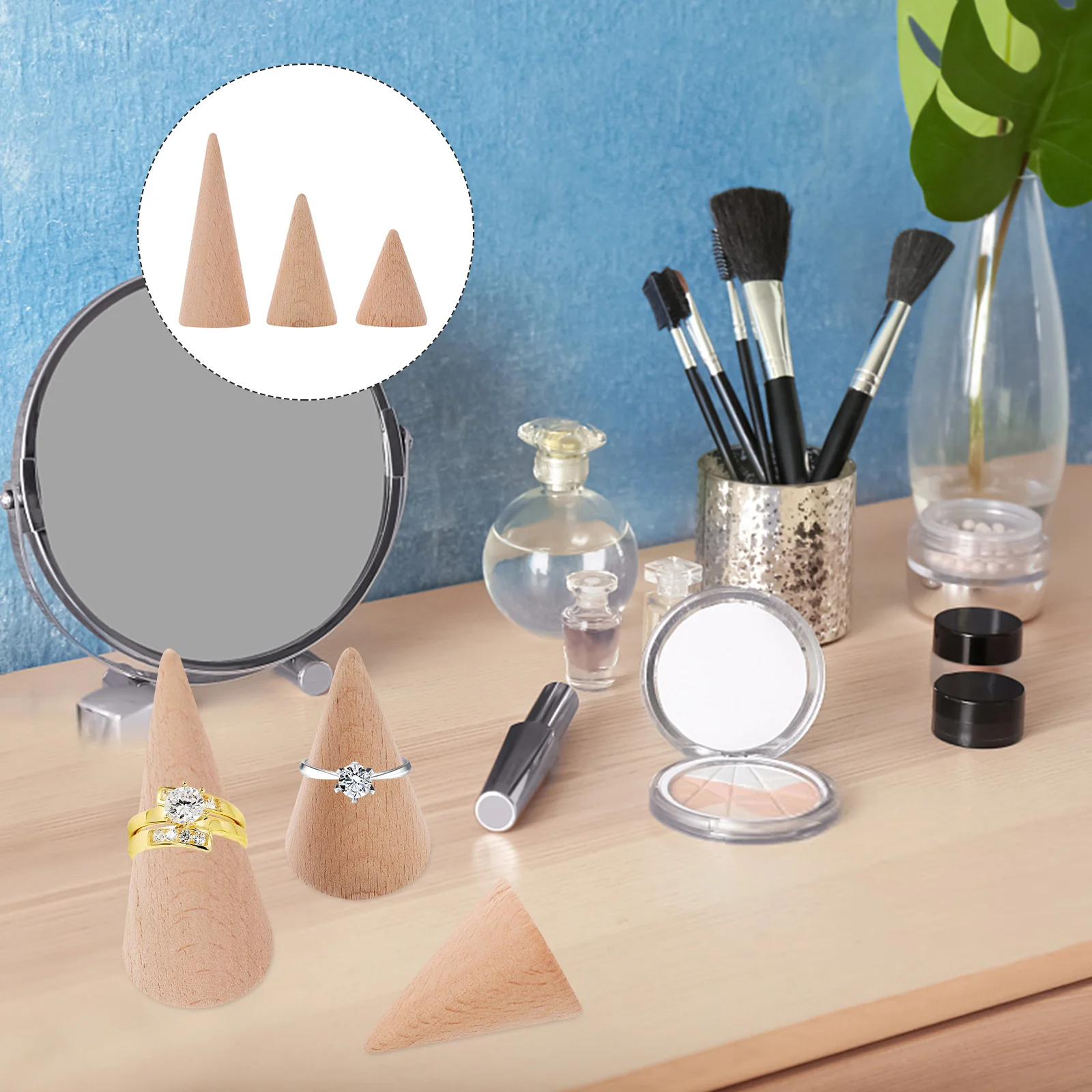 حامل حلقي خشبي مكون من 3 قطع، رف تخزين أنيق على شكل مخروطي، مثالي للاستخدام في متجر الزفاف والذكرى السنوية وأعياد الميلاد #2