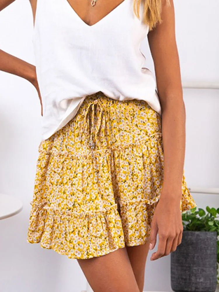 Floral Printed A-Line Mini Summer Pleated High Waist Harajuku Women Skirt New Sweet Elegant Ladies Short Beach Sexy