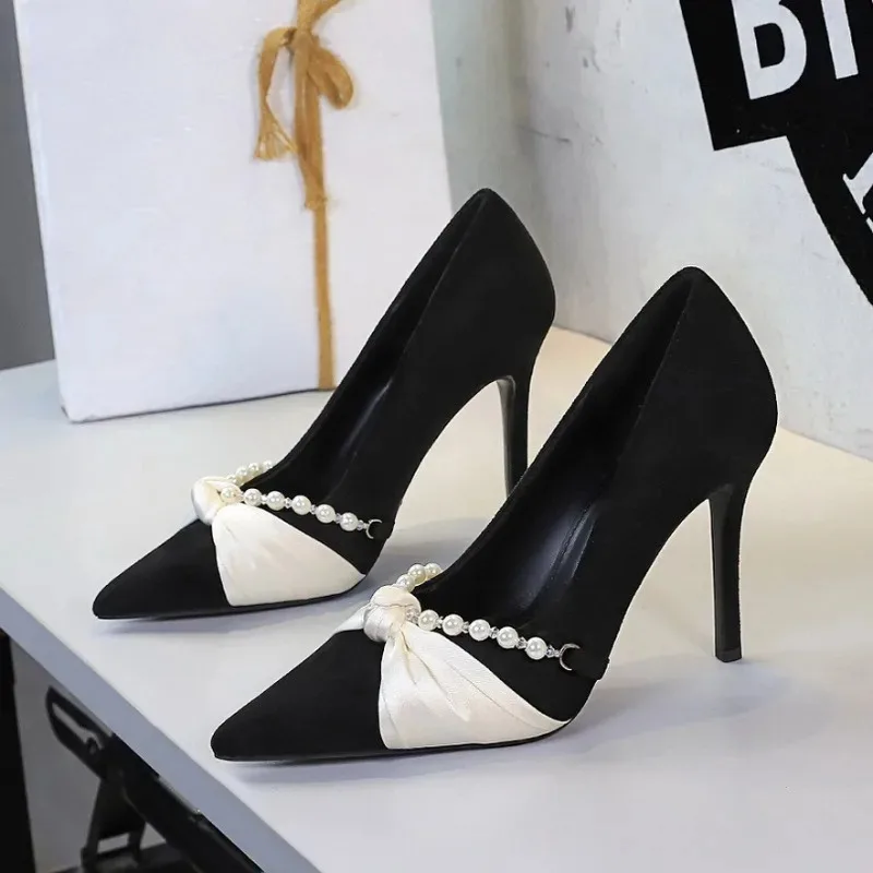 

Fashion Designer Women's Shoes Exquisite Imitation Pearl Pointed Tip High Heels for Woman Retro French Casual Shoe Zapatos Mujer