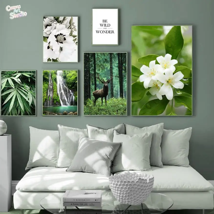 2026 Green Forest Canvas Poster Wild Deer Waterfall Stream Flower Leaf Spring Bedroom Print Painting Nature Landscape Picture
