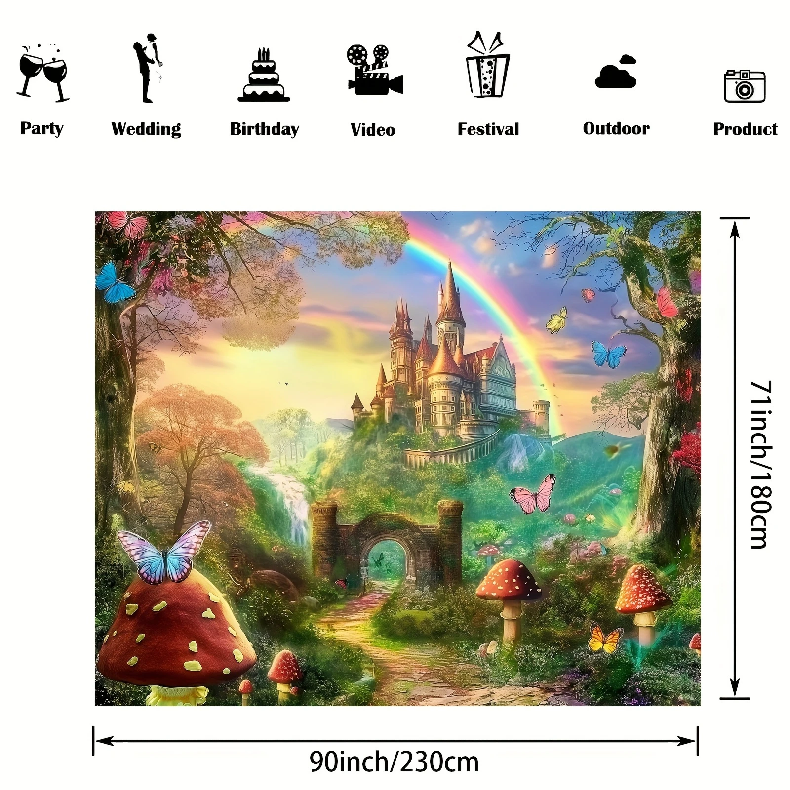 Fairy tale fantasy world castle background cloth: charming forest, rainbow and castle, parties, weddings, birthdays