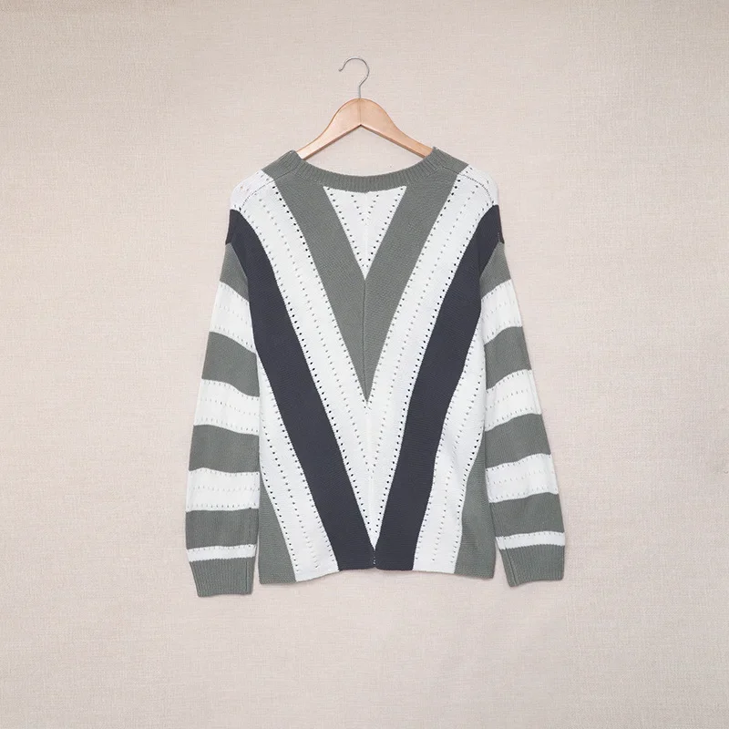 V Neck Striped Outerwear Sweater Women's Autumn Winter New Contrast Color Long Sleeves Knitted Pullover Top