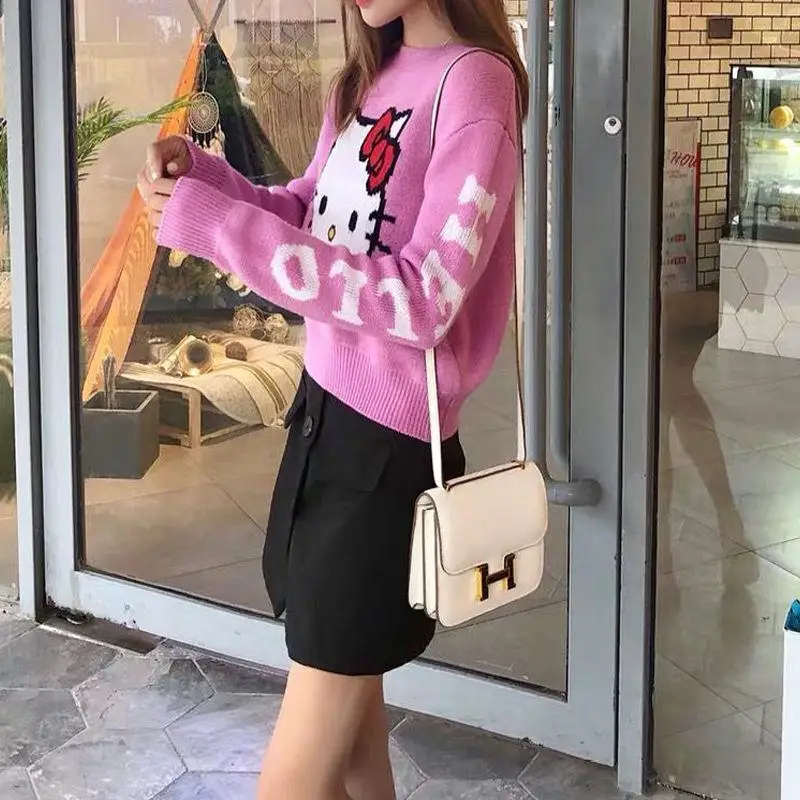 Sanrioed Hello Kitty Long Sleeve Knitwear Fashion Crop Tops Women Sweater Slim Fit Korean Cartoon All Match Round Neck Pullovers