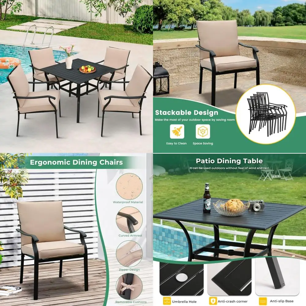 5-piece outdoor patio dining set, metal stackable chairs & square table set, all-weather furniture for backyard, garden,balcony