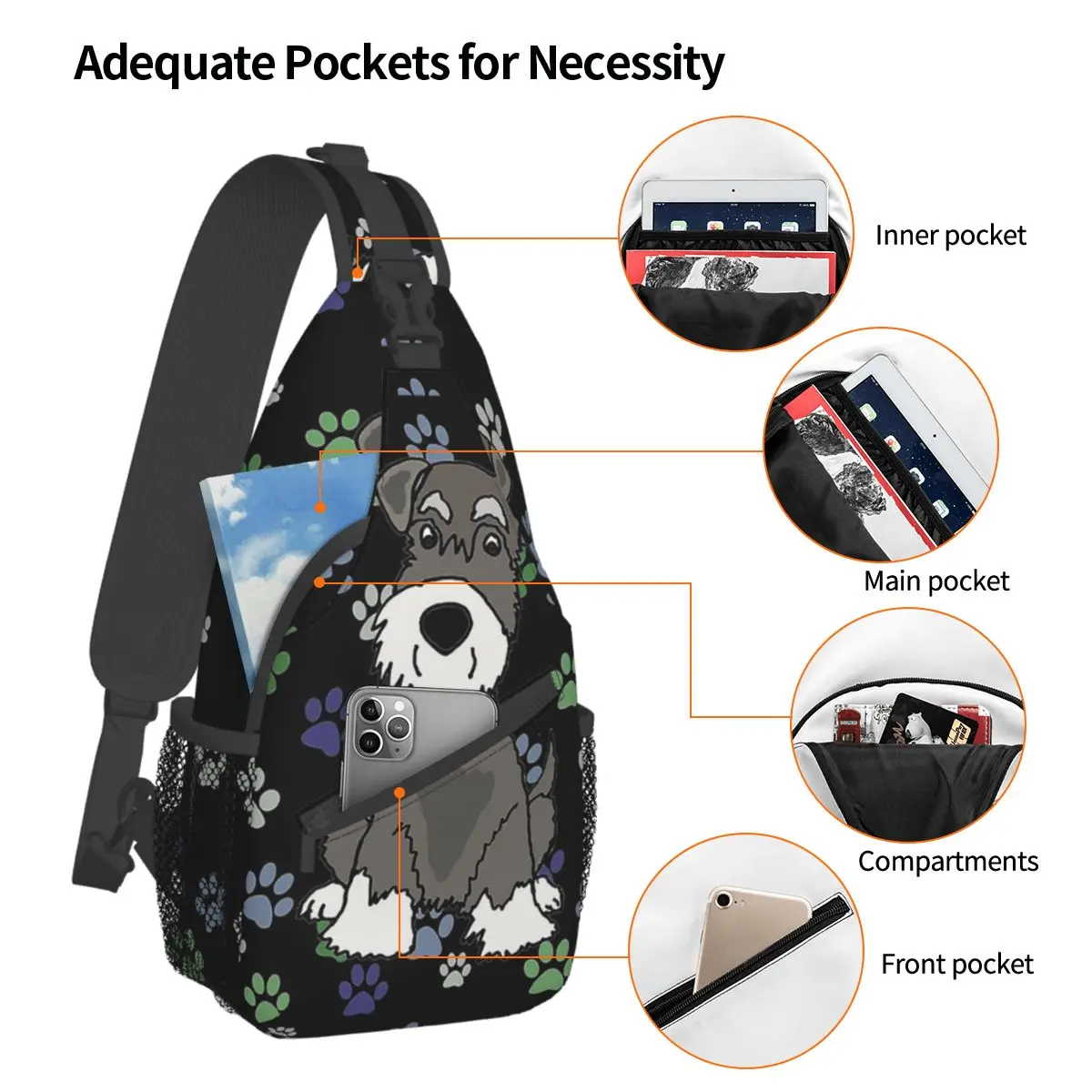 Schnauzer Dog And Paw Sling Bag Chest Crossbody Shoulder Backpack Outdoor Hiking Daypacks Cute Men Women Bookbag