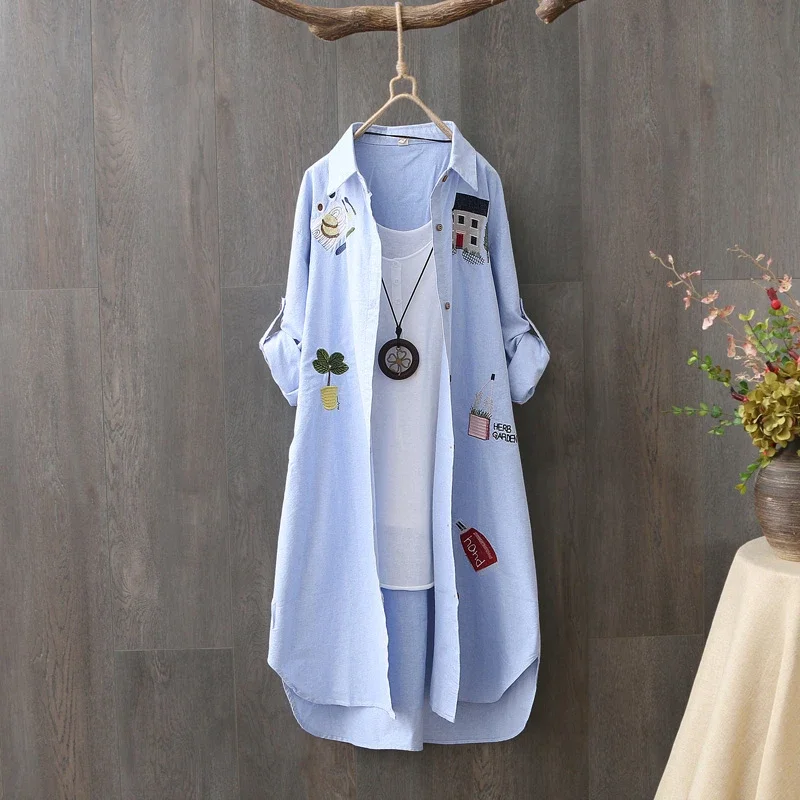 Women's Cotton Embroidered Loose White Shirt 2024 Spring Autumn New Casual Office Blouse Blouse Loose Shirt