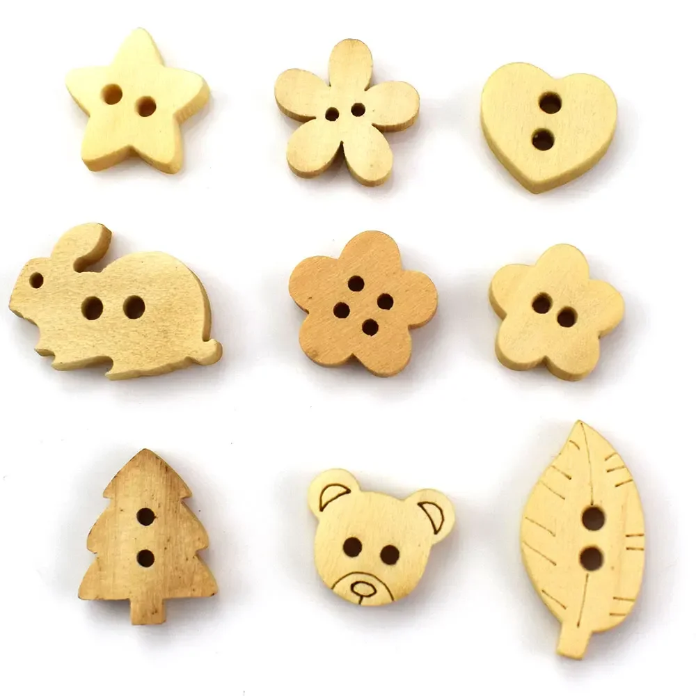50PCS 2 Holes Natural Wooden Sewing Buttons 2 Holes Cute Solid Color Flower Shape Buttons Scrapbooking Garment DIY Accessories