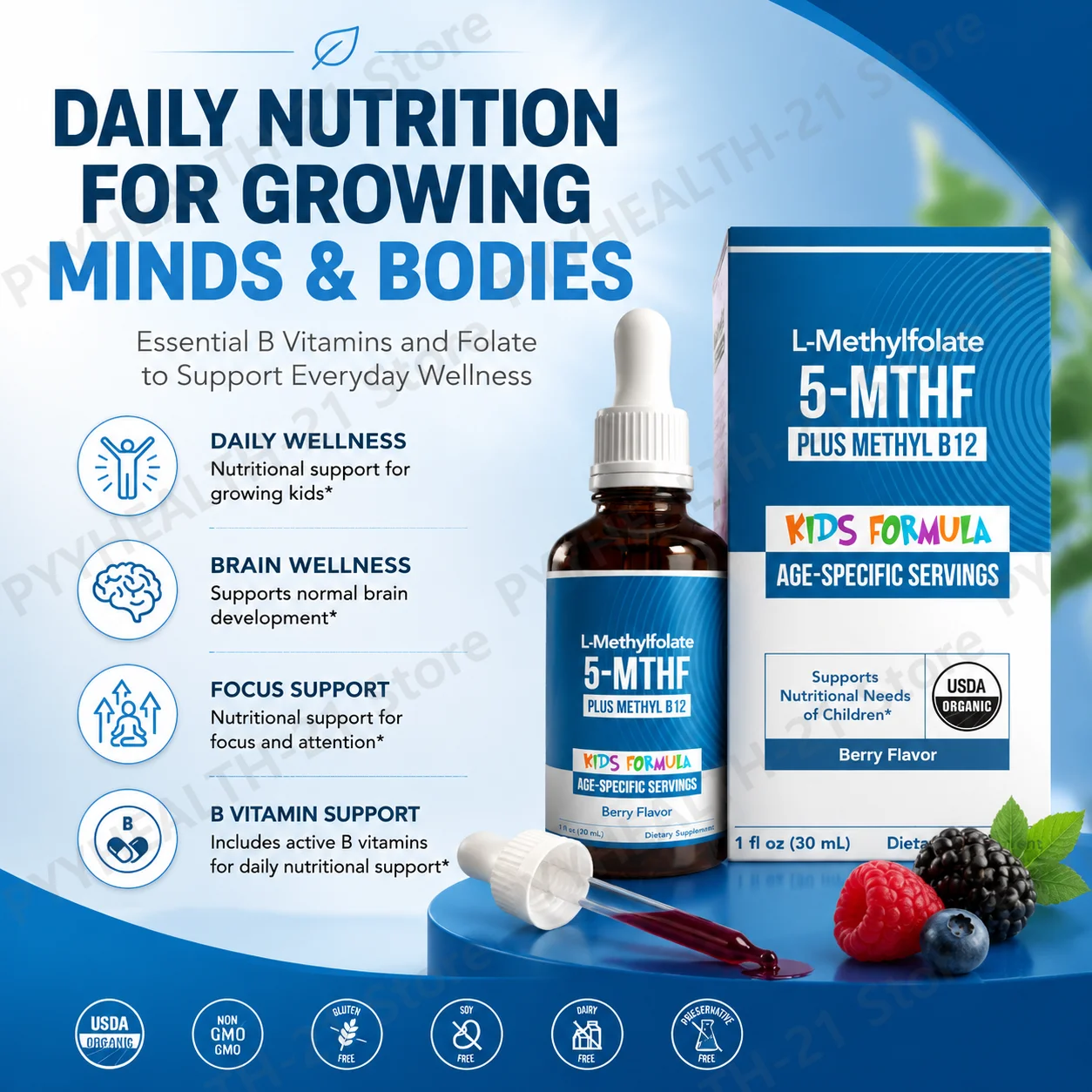 Kids L-Methylfolate 5-MTHF Drops Methyl B12 Supports Brain Development Focus Support Mood Balance USDA Organic 30 Servings
